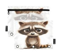 Cartoon Funny Raccoon Sorrow Binder Pencil case with Clear Window Zippered Pencil Bag Clear Window & Grommets 3 Hole Punched folders for Classroom School Office Supplies Multicolored 2 PCS
