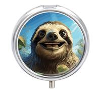 Cartoon Funny Sloth Pill Box Cute Round Small Pill Organizer Portable with 3 Compartments Travel Metal Pill Case for Pocket Or Purse Privacy Protecting Medicine Box