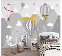 Cartoon Geometric Mountain Peaks Hot Air Balloons Animals 3D Wallpaper Easy Install Feature Office Living Room Sofa Bedroom TV Background Wall Decoration-200cm×140cm