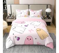 Cartoon Ghost 100% Cotton Duvet Cover King Size,Happy Halloween Bedding Sets 3Pcs for Kids Woman Men Room Decor,Pink Bow Print Comforter Cover Kawaii Girly Quilt Cover,2 Pillowcases