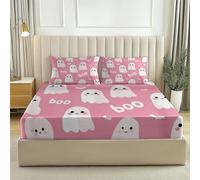 Cartoon Ghost Alphabet Pink Printed Fitted Sheets for Double (53" x 75") Size Bed,Microfiber Fitted Bed Sheets,Soft Breathable Fade Resistant Bedding with Extra Deep Pocket