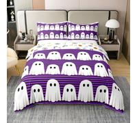 Cartoon Ghost Bedding Sets Super King Size,Happy Halloween 100% Cotton Duvet Cover 3Pcs for Girls Boys Women Room Decor,Black Purple Stripe Comforter Cover Funny Kawaii Quilt Cover,2 Pillowcases