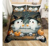 Cartoon Ghost Duvet Cover Set Black Witch Hat Gothic Double Bedding Sets, Halloween Decor Daisy Flowers Butterfly Comforter Cover Pumpkin Lantern Bed Set