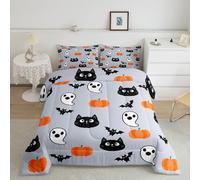 Cartoon Ghost Halloween Bedding Double Kawaii Cat Spooky Bat Decor Coverless Duvet, Halloween Pumpkin Duvet Set for Kids Party Cute Shadow Animal Pattern Quilt Bedroom Collection, Microfiber Soft