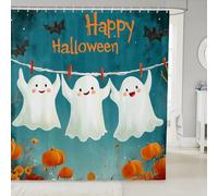 Cartoon Ghost Pumpkin Shower Curtain,Happy Halloween Theme Bathroom Curtains for Kids Girls Boys,Natural Botanical Floral Shower Curtains 12 Hooks Suits for Bathtub,72"W x 72"L,Light Blue White