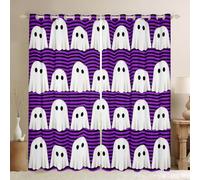 Cartoon Ghost Window Curtain,Happy Halloween Window Treatment Curtain,Teens Woman Men Black Purple Stripe Bedroom Curtains Funny Kawaii Living Room Decor Top 2 Panels,66Wx90L