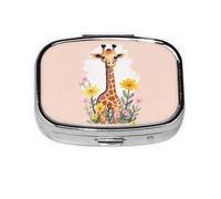 Cartoon Giraffe and Flowers Print Pill Box Square Pill Case 2 Compartment Small Metal Medicine Organizer Portable Travel Pillbox for Pocket Purse Cute Mini Pill Container to Hold Daily Vitamins