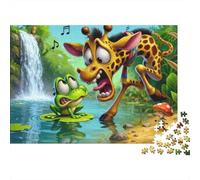 Cartoon Giraffe and Frog Illustration 1000 Piece Jigsaw Puzzle Paper for Adults Forest Waterfall Scene Relaxing 38x26cm/1000pcs