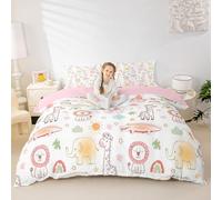 Cartoon Giraffe Duvet Cover Set Double Size,Lion Elephant Wild Animals Bedding Set for Kids Teens Bedroom Decor,Leaves Rainbow Print Comforter Cover,White Pink 2 Pcs Bedding Collection,No Filler