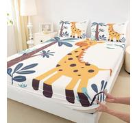 Cartoon Giraffe Kids Fitted Sheet Double Size,Palm Leaf Leaves Botanical Tropical Bedding Set,Girls Boys Room Decor,Jungle Animal Plant Nature Boho Chic Bed Sheet,2 Pillowcases(No Flat)