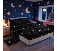 Cartoon Glitter Stars Bed Sheets Golden Starry Galaxy Decorative Sheets Set for Kids Teens Adults Outer Space View Print Dreamy Bedding Set with Flat,Fitted Sheet,1 Pillowcase Twin Size 3 Pcs