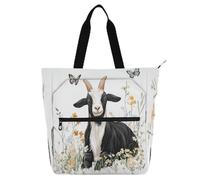 Cartoon Goat White Black Kids Book Tote for Kids Adults Waterproof Children Activity Bag Art Tote Bag with Zipper for School Shopping Beach Rainbow