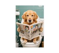 Cartoon Golden Retriever Sitting on The Toilet Reading A Newspaper Canvas Poster Bedroom Decor Landscape Decor Gift 24x36inch(60x90cm)