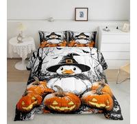 Cartoon Goose Pumpkin Comforter Set Double Size,Rustic Farmhouse Style Bedding Set for Kids Girls Boys,European Vintage Plants Soft Duvet Insert for All Season,Black Orange