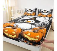Cartoon Goose Pumpkin Fitted Sheet King Size,Rustic Farmhouse Style Bedding Set 4Pcs for Kids Girls Boys,European Vintage Plants Deep Pocket Sheet,2 Pillowcase,Black Orange
