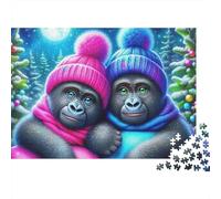 Cartoon Gorilla Winter Forest 1000 Piece Jigsaw Puzzle Paper for Adults Cozy Couple Scene Mindfulness for Home 52x38cm/1000pcs