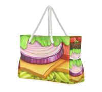 Cartoon Gourmet Burger Sandproof Beach Tote Bag with Side Pocketes Shoulder Weekender Overnight for Travel Gym Vacation