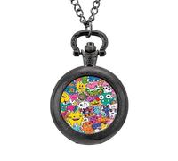 Cartoon Graffiti Monster Vintage Pocket Watch with Chain Arabic Numerals Scale Quartz Pocket Watches Gifts for Men Women