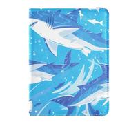 Cartoon Great White Shark Sky Blue Leather waterproof passport holder for travel for travel Vaccine Card Holder Cover Combo Document Organizer Holder Accessories for men Ultra Slim