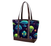 Cartoon Green Alien-133 Tote Bags Durable Leather Canvas Purses and Handbags for Women Top Handle Shoulder Satchel Hobo Bags, Multicolor 05, 33.8x12x31cm/13.3x4.7x12.2 in