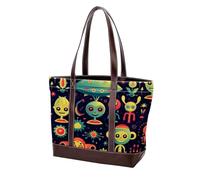 Cartoon Green Alien-133 Tote Bags Durable Leather Canvas Purses and Handbags for Women Top Handle Shoulder Satchel Hobo Bags, Multicolor 01, 33.8x12x31cm/13.3x4.7x12.2 in