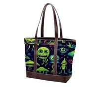 Cartoon Green Alien-166 Tote Bags Durable Leather Canvas Purses and Handbags for Women Top Handle Shoulder Satchel Hobo Bags, Multicolor 01, 33.8x12x31cm/13.3x4.7x12.2 in