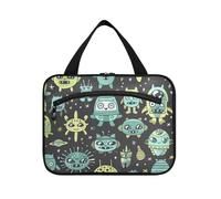 Cartoon Green Aliens and Spaceship Hanging Travel Toiletry Bag Men with Hook, Designer Fashion Waterproof Cosmetic Bag for Travel Must Haves Backpacking bolso de Mano para Hombre L