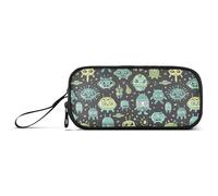 Cartoon Green Aliens and Spaceship Nylon Pencil Bags for Girls Large Capacity Slot Pencil Case School Stationery for Elementary Teen