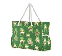 Cartoon Green Frogs Red-stripe Sandproof Work Tote Bag with side pocketes Weekender Overnight Bag with cup holders on the side