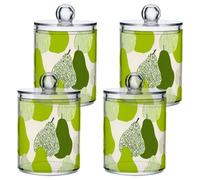 Cartoon Green Pear Fruit Clear Plastic Makeup Organizer Storage with lid Pantry Essentials Decorative Dental floss storage jar for Cotton Swabs,Cotton Pads,Floss Picks,Paper Clips,Hair Clips 4 Pack