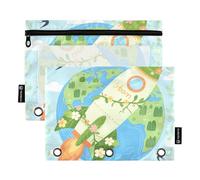 Cartoon Green Rockets and The Earth Binder Pencil case with Clear Window Ringing folders with Pockets Clear Window & Grommets 3 Ringing Pencil case School Class Office Organizers Multicolored 2