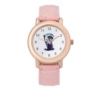 Cartoon Grim Reaper Watch for Women Pink Leather Strap Ladies Watches Round Case Three-Hand Wrist Watch