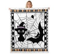 Cartoon Halloween Decor Throw Blanket Cute Cat Black Bat Decor Bed Blanket for Kids Boys Girls Teens Spider Web Ghost Skull Grid Fleece Blanket for Bed Party Sofa Queen