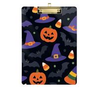 Cartoon Halloween Magic Hats Jack-o'-Lanterns and Bats Acrylic clipboard Folder File padfolio Standard Letter A4 Size Hard Board for Homework Pediatric Gold 12x9in Tabla para escribir