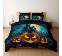 Cartoon Halloween Pumpkin Haunted House Printed Duvet Cover, Reversible Black Quilt Cover Bedding King Bed Set, Cosy Soft Hypoallergenic Non-Iron Comforter Covers with Pillowcases