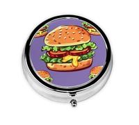 Cartoon Hamburger Pill Box Metal Round Small Pill Case Cute 3 Compartment Pill Organizer Portable Travel Pillbox Mini Pill Container Holder for Daily Medicine Supplement Vitamin