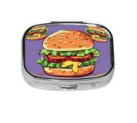 Cartoon Hamburger Print Pill Box Square Pill Case 2 Compartment Small Metal Medicine Organizer Portable Travel Pillbox for Pocket Purse Cute Mini Pill Container to Hold Daily Vitamins