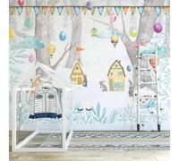 Cartoon Hand Drawn Forest House Rabbit Hot Air Balloon 3D Wallpaper Silky Texture Home Study Office Grey Dining Room Sofa Bedroom Living Room TV Backdrop-350cm×256cm