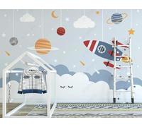 Cartoon Hand Drawn Planet Space Rocket 3D Wallpaper Easy Install Feature Office Living Room Sofa Bedroom TV Background Wall Decoration-300cm×210cm