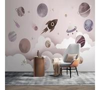 Cartoon Hand Drawn Planets Clouds Rockets Modern 3D Wallpaper Premium Textured Silk Neutral Tones Material Ideal for Living Room Bedroom-200cm×140cm