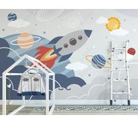 Cartoon Hand Drawn Rocket Starry Sky Planet 3D Wallpaper Easy Install Feature Office Living Room Sofa Bedroom TV Background Wall Decoration-200cm×140cm