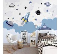 Cartoon Hand Drawn Spaceship Stars Planets Starry Sky 3D Wallpaper Premium Textured Silk Study Dining Living Room Bedroom Sofa TV Wall Easy Install-250cm×170cm