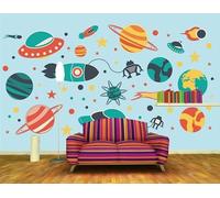 Cartoon Hand Drawn Universe Spaceship Planet Modern 3D Wallpaper Premium Textured Silk Neutral Tones Material Ideal for Living Room Bedroom-300cm×210cm