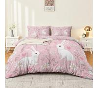 Cartoon Hand-drawn White And Pink Duvet Cover Set Soft Comforter, Animals Rabbit Plants Flowers Pattern 3 Piece Bedding Set with Pillowcase, 230 x 220 cm All Season Decor Quilt Cover for Kids Adult
