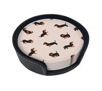 Cartoon Happy Dachshund Pattern,Set of 6 Round Coasters, Pu Leather Drinks Coasters with Holder for Home Office Kitchen