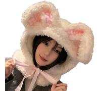 Cartoon Hat Head Wrap Furry Rabbits Soft Thicken Hooded for Women Outdoor Wear Thicken Ear for Sports Cycling Skiing Furry Hat with Ears White