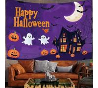 Cartoon Haunted Mansion Art Tapestry Wall Hanging, Halloween Poster Design 100X75Cm, Dark Purple Polyester Tapestries For Dorm Bedroom Living Room Decor, Halloween Party Backdrop With Hooks