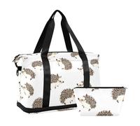 Cartoon Hedgehog Brown Foldable Gym Tote Bag Carry On Weekend Bag with Toiletry Bag for Workout