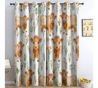 Cartoon Highland Cow Wildflowers Thermal Insulated Curtains White Grommet Window Curtains Eyelet Blackout 3D Print Noise Reducing Drapes for Windows Living Room, 46” W x 72” L x 2 Panels