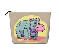 Cartoon Hippo Print Cosmetic Bag for Women,Faux Linen Makeup Bag Large Capacity,Perfect for Travel Daily Use